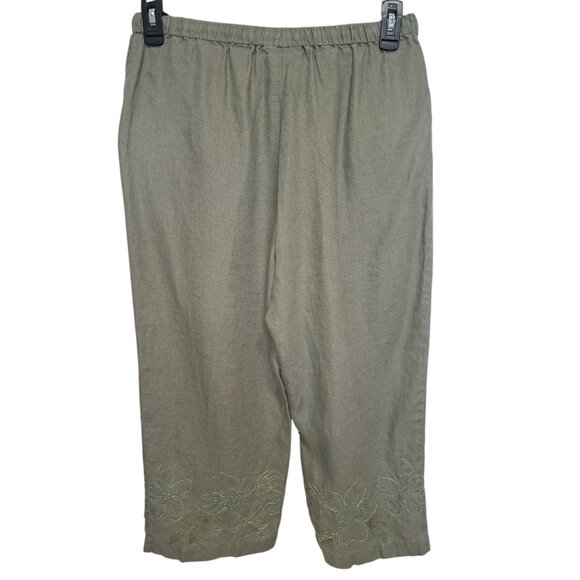 JM Collection by Jennifer Moore Linen Pants Womens 12 Khaki Embroidered Capri - Picture 3 of 6